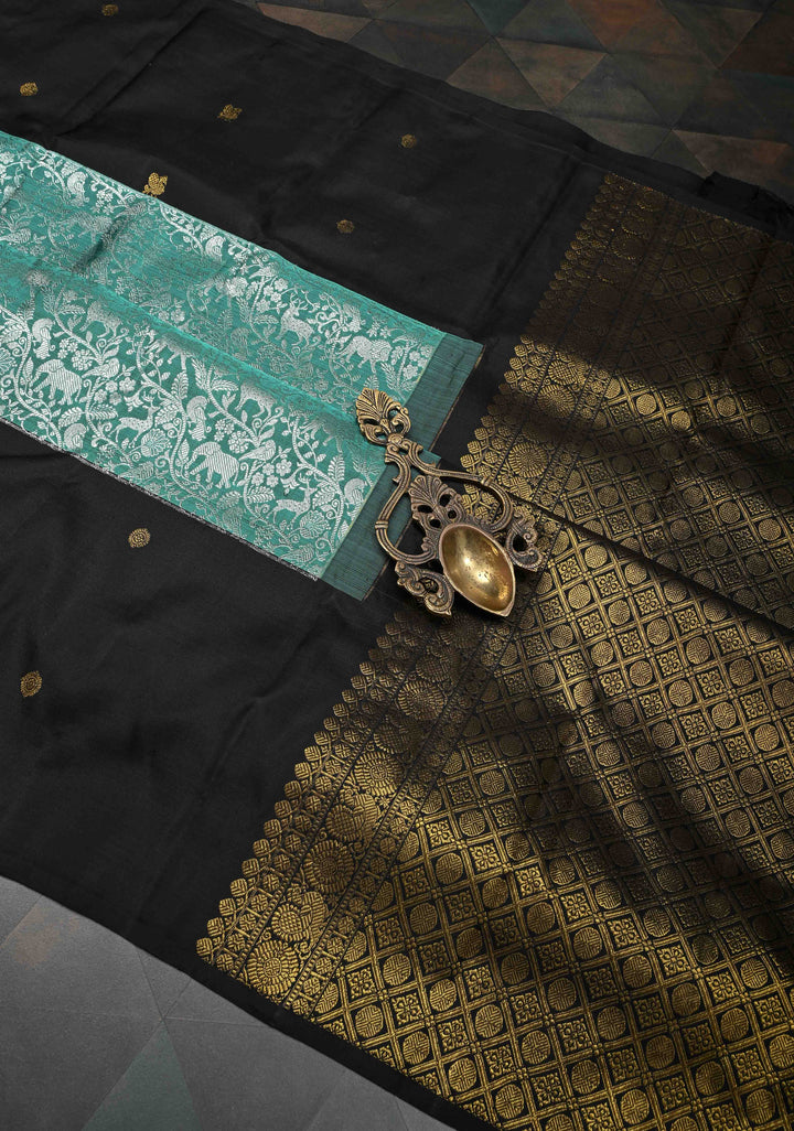 Sage Green  Kanjivaram Silk Saree with Vanasingaram Brocade Body and Dainty Zari Buttas on Wide Contrast Border | SILK MARK CERTIFIED