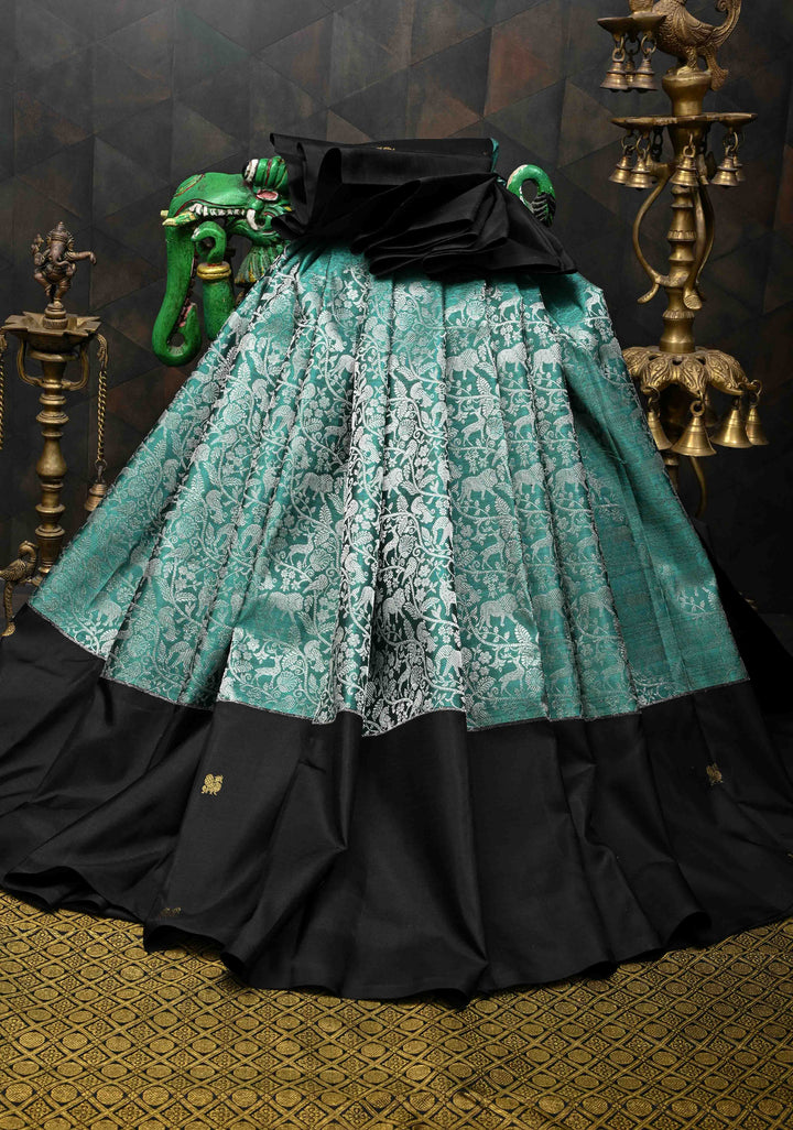 Sage Green  Kanjivaram Silk Saree with Vanasingaram Brocade Body and Dainty Zari Buttas on Wide Contrast Border | SILK MARK CERTIFIED