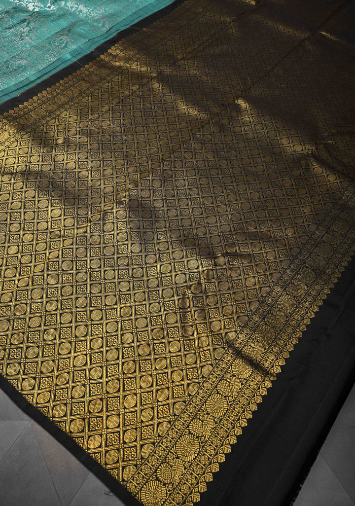 Sage Green  Kanjivaram Silk Saree with Vanasingaram Brocade Body and Dainty Zari Buttas on Wide Contrast Border | SILK MARK CERTIFIED