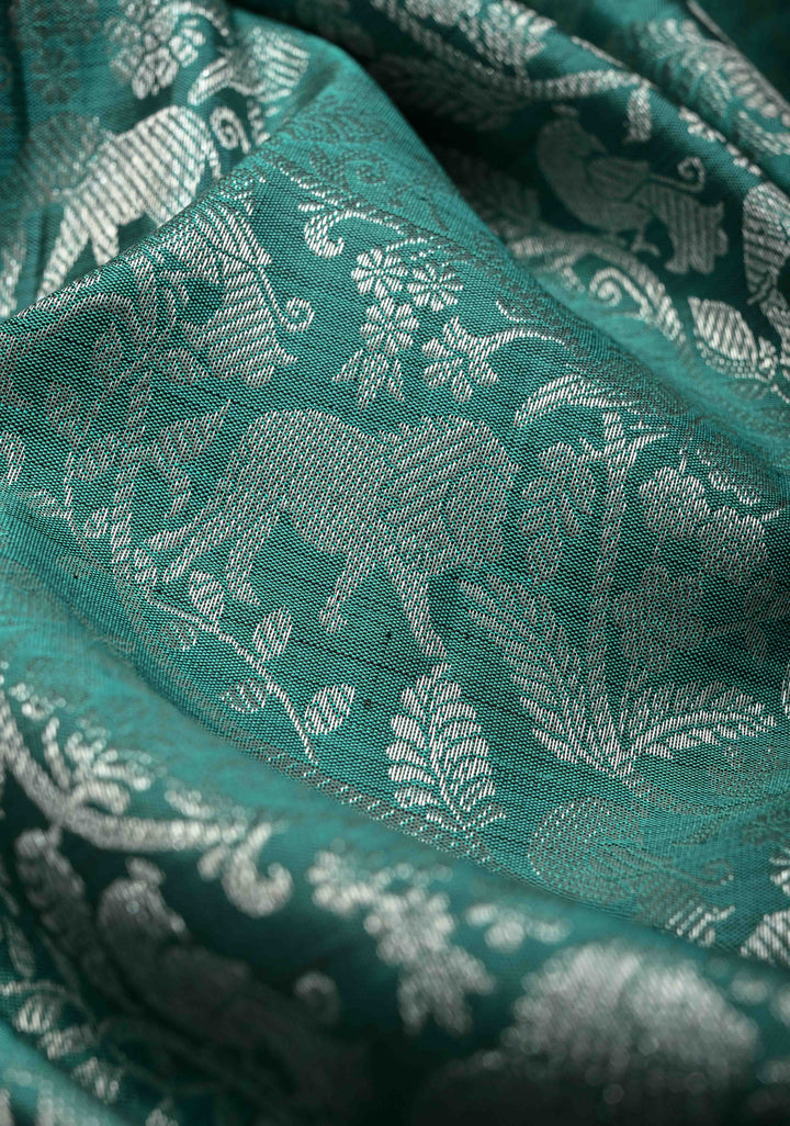 Sage Green  Kanjivaram Silk Saree with Vanasingaram Brocade Body and Dainty Zari Buttas on Wide Contrast Border | SILK MARK CERTIFIED
