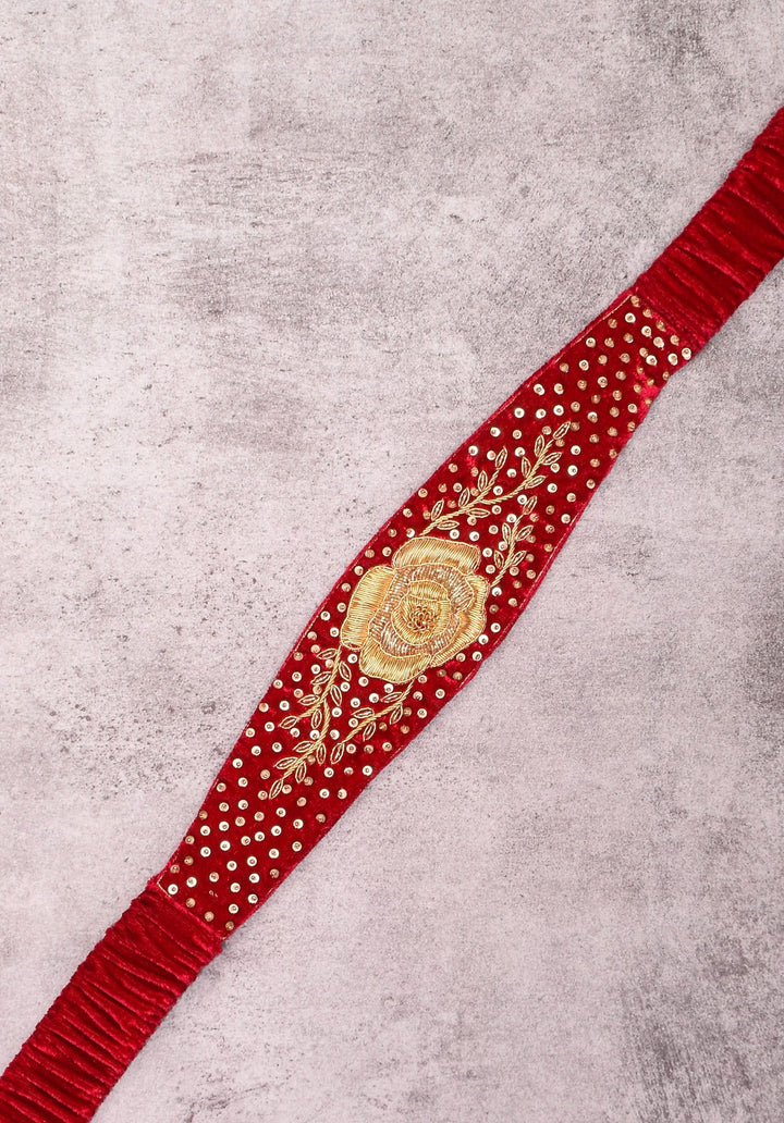 Red Pure velvet Waist Belt with Zardosi, Bead Rose design embroidery and Sequin work | Made to Order
