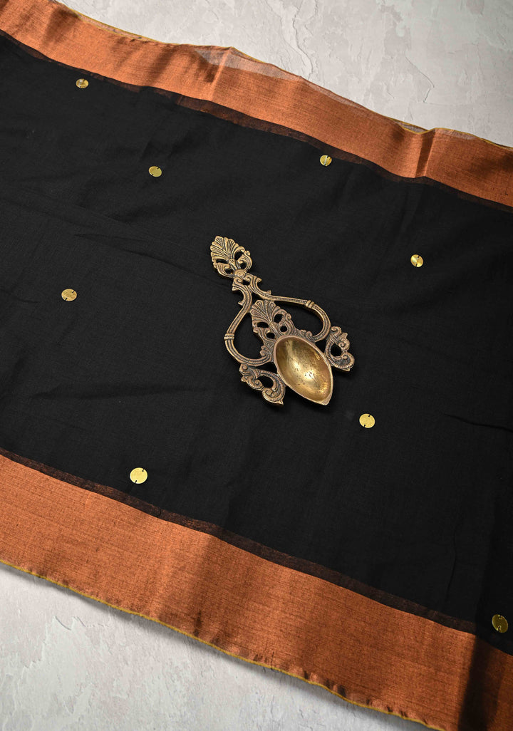 Black Bengal Cotton saree in With Tikki work and Long Tassels