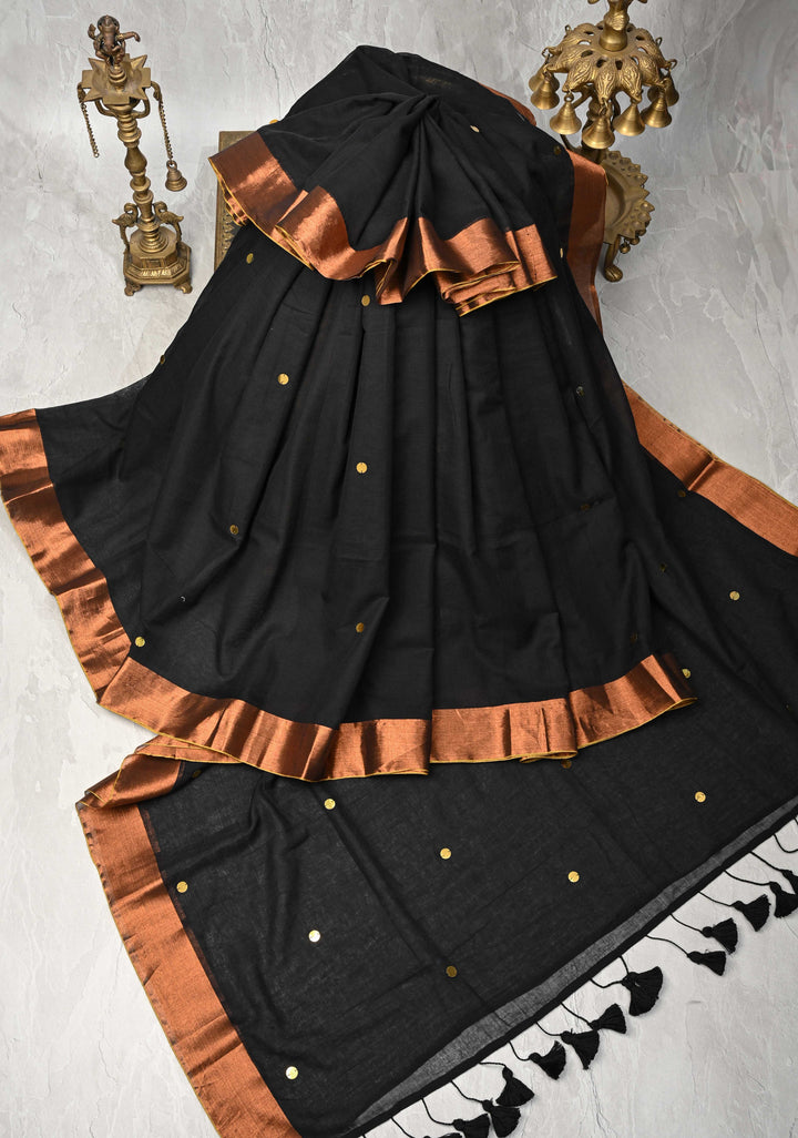 Black Bengal Cotton saree in With Tikki work and Long Tassels