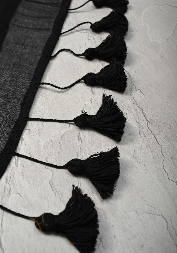 Black Bengal Cotton saree in With Tikki work and Long Tassels