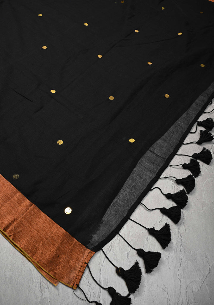 Black Bengal Cotton saree in With Tikki work and Long Tassels
