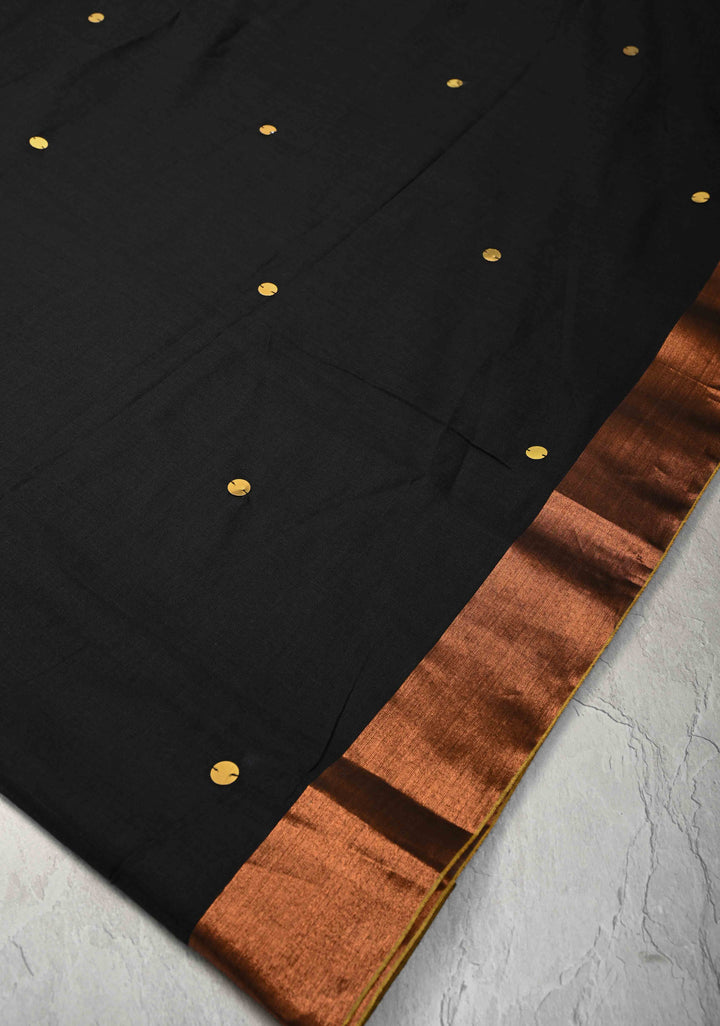 Black Bengal Cotton saree in With Tikki work and Long Tassels