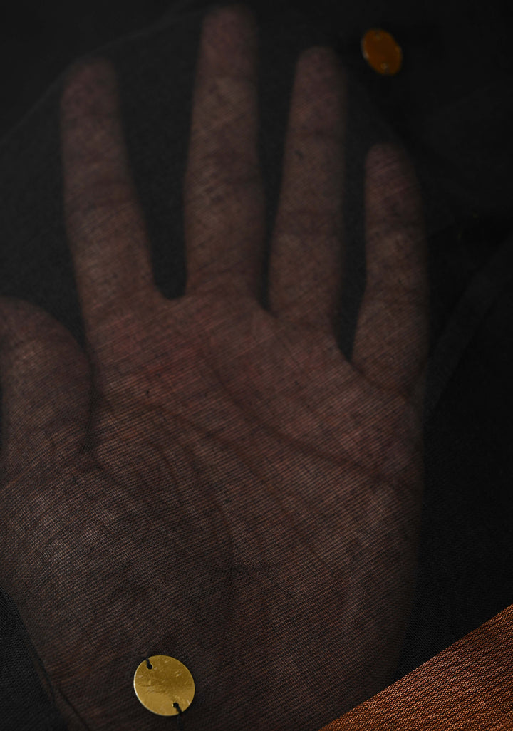 Black Bengal Cotton saree in With Tikki work and Long Tassels