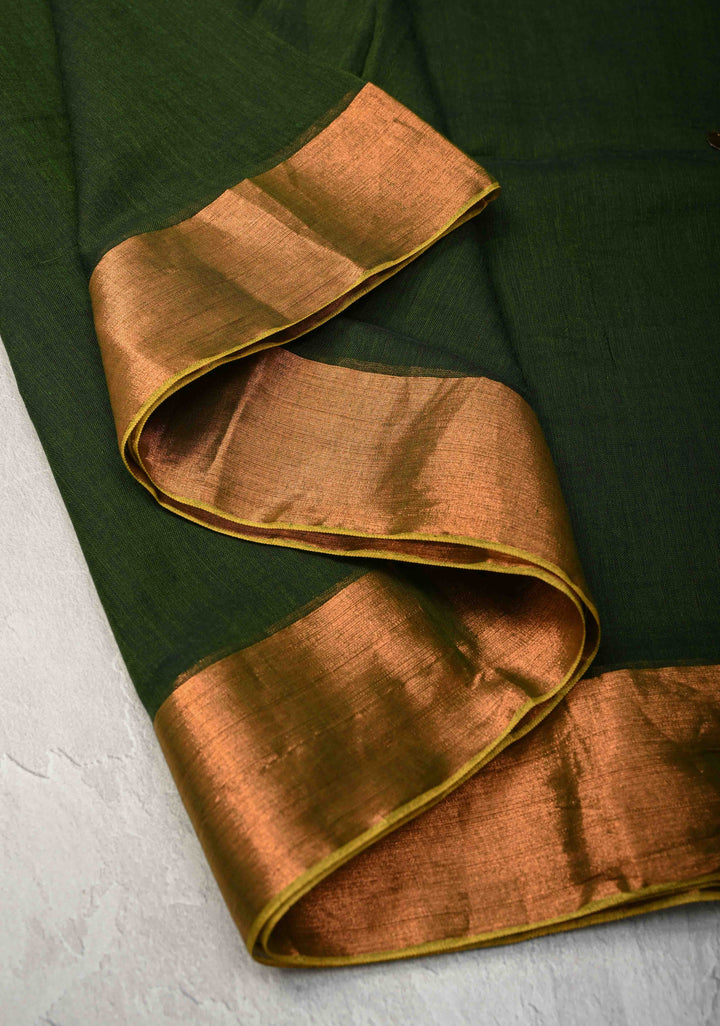 Deep Forest Green Bengal Cotton saree in With Tikki work and Long Tassels