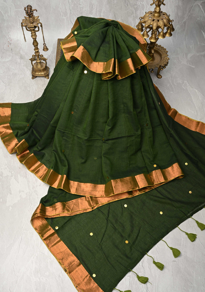 Deep Forest Green Bengal Cotton saree in With Tikki work and Long Tassels