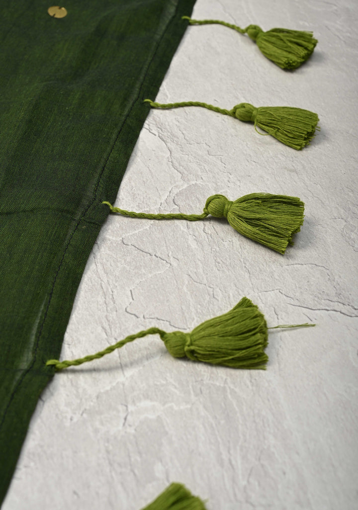 Deep Forest Green Bengal Cotton saree in With Tikki work and Long Tassels