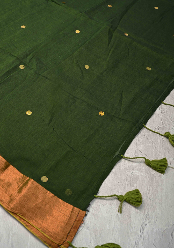 Deep Forest Green Bengal Cotton saree in With Tikki work and Long Tassels