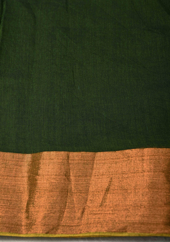 Deep Forest Green Bengal Cotton saree in With Tikki work and Long Tassels