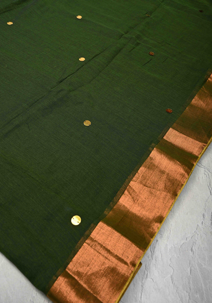 Deep Forest Green Bengal Cotton saree in With Tikki work and Long Tassels