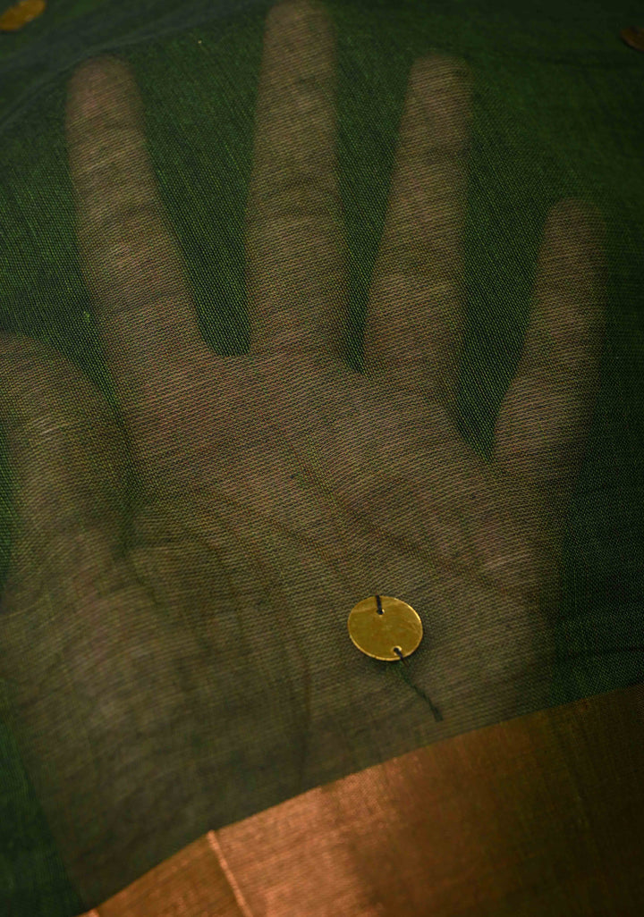 Deep Forest Green Bengal Cotton saree in With Tikki work and Long Tassels