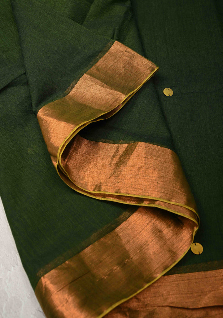 Deep Forest Green Bengal Cotton saree in With Tikki work and Long Tassels