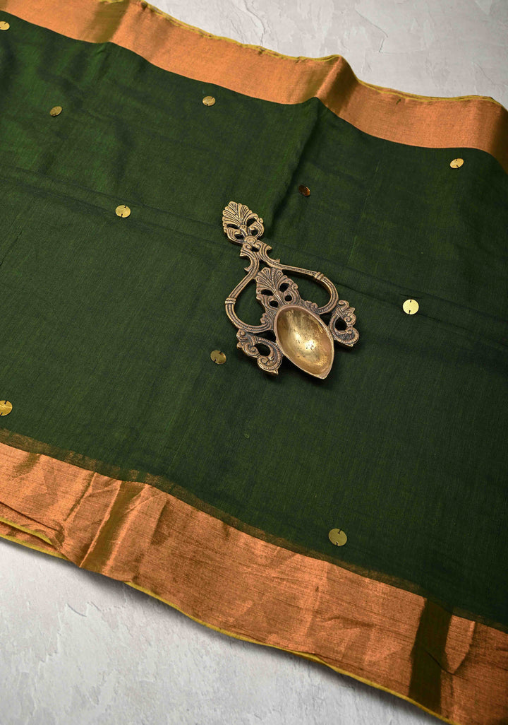 Deep Forest Green Bengal Cotton saree in With Tikki work and Long Tassels