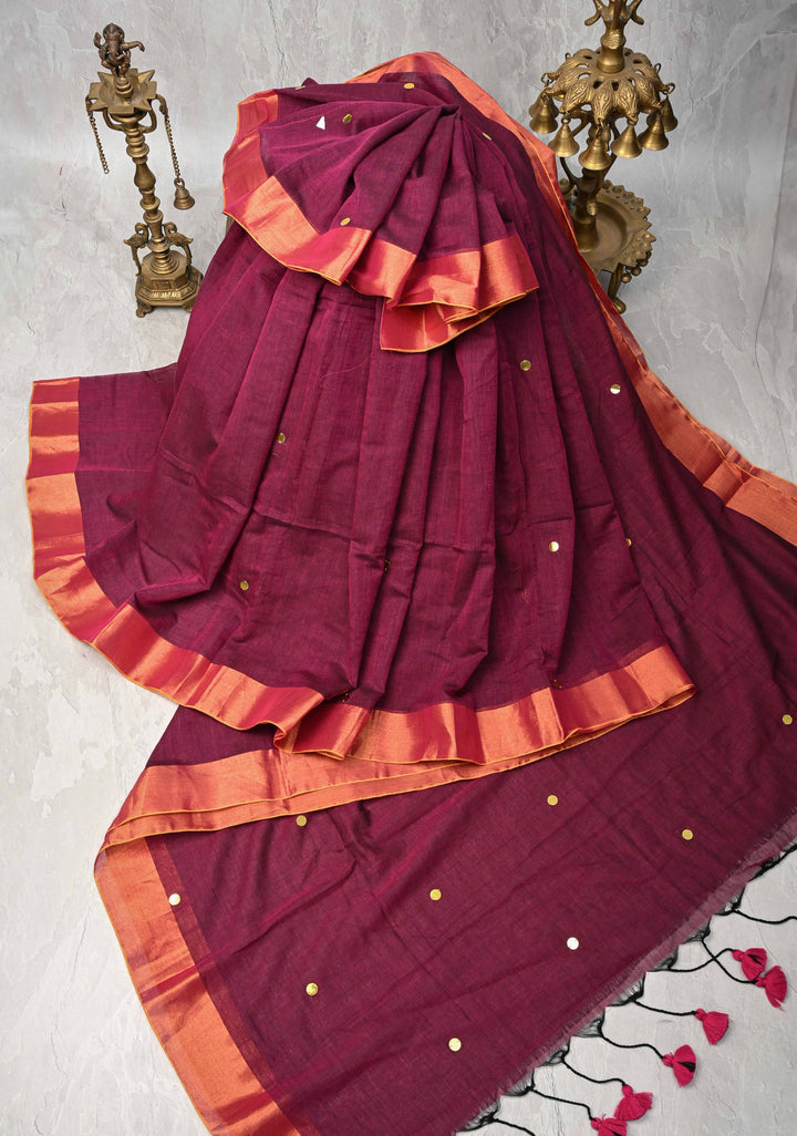 Magenta Bengal Cotton saree in With Tikki work and Long Tassels