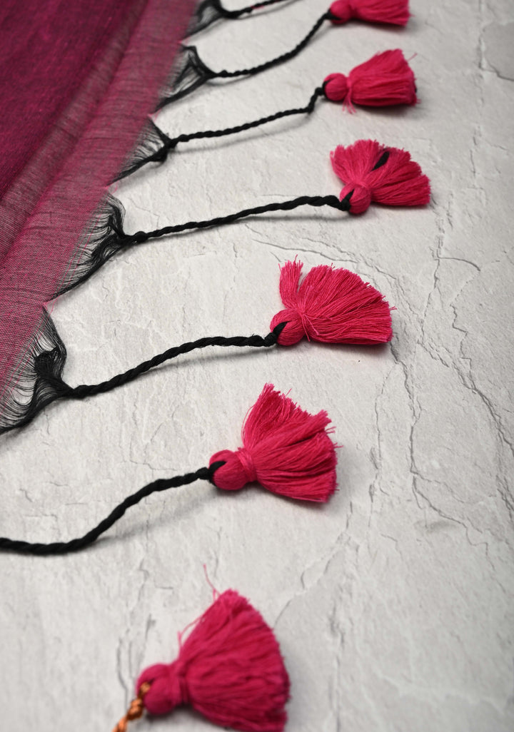 Magenta Bengal Cotton saree in With Tikki work and Long Tassels