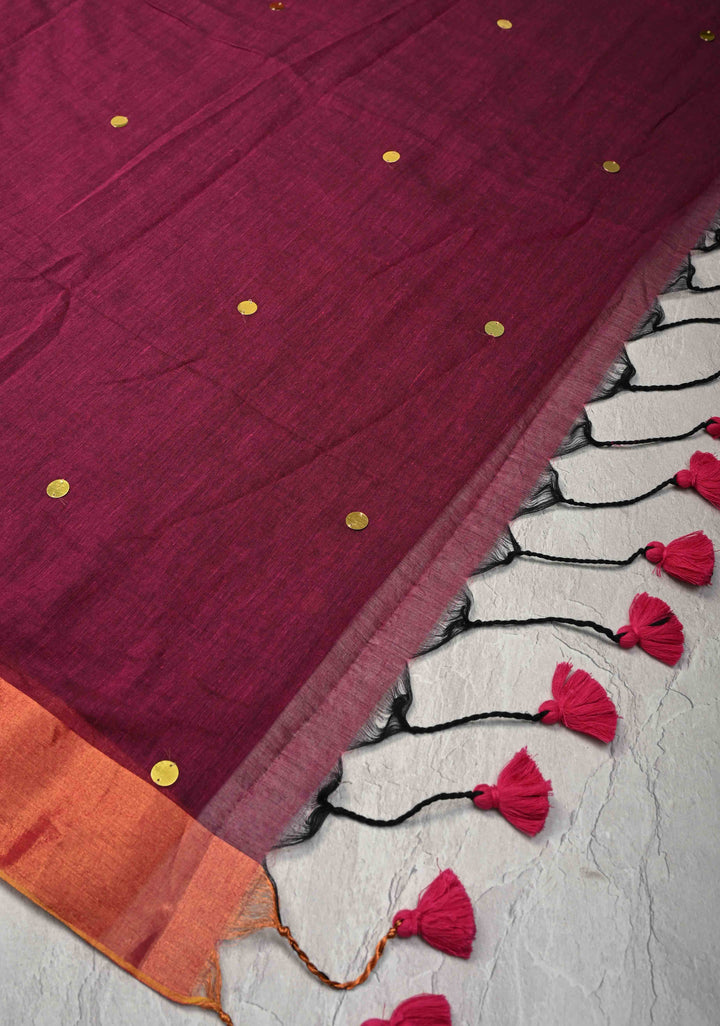 Magenta Bengal Cotton saree in With Tikki work and Long Tassels