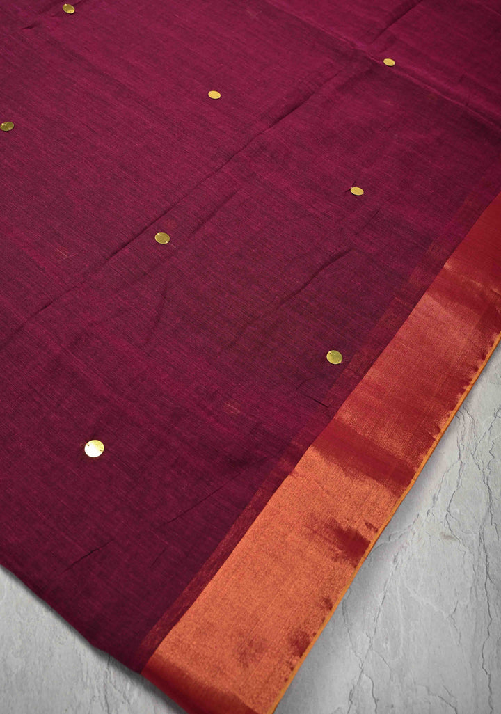 Magenta Bengal Cotton saree in With Tikki work and Long Tassels