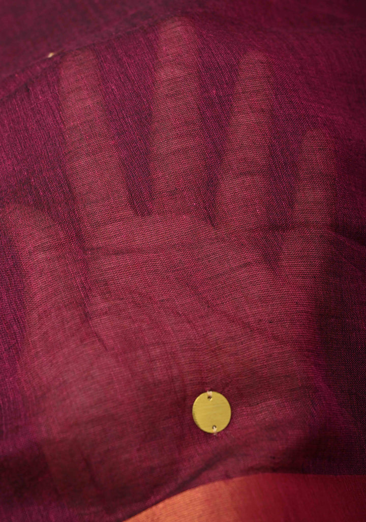 Magenta Bengal Cotton saree in With Tikki work and Long Tassels