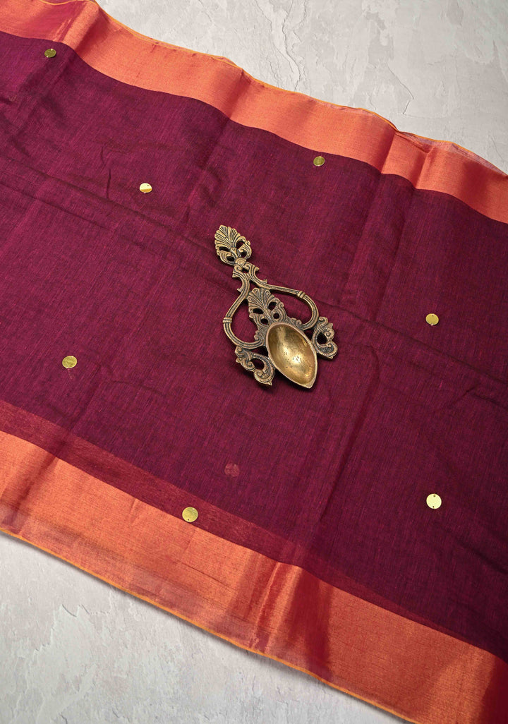 Magenta Bengal Cotton saree in With Tikki work and Long Tassels