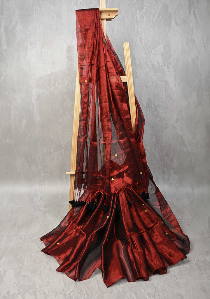 Maroon Tissue by Tissue Saree with Tikki Work and Long Tassels