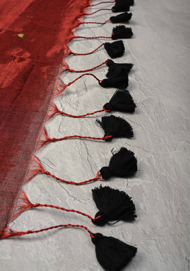 Maroon Tissue by Tissue Saree with Tikki Work and Long Tassels