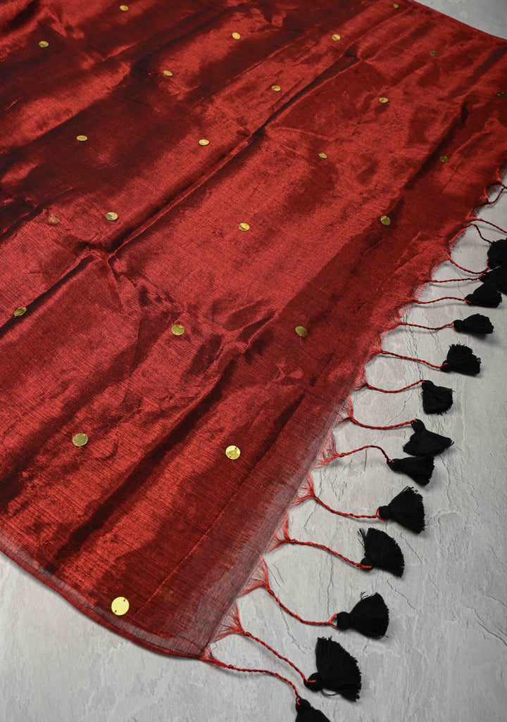 Maroon Tissue by Tissue Saree with Tikki Work and Long Tassels