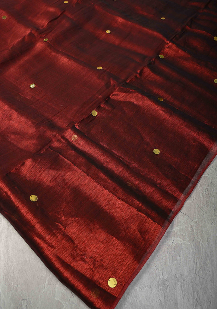 Maroon Tissue by Tissue Saree with Tikki Work and Long Tassels