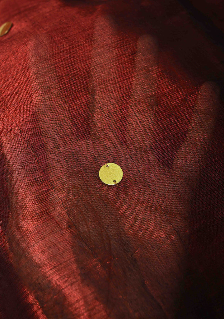 Maroon Tissue by Tissue Saree with Tikki Work and Long Tassels