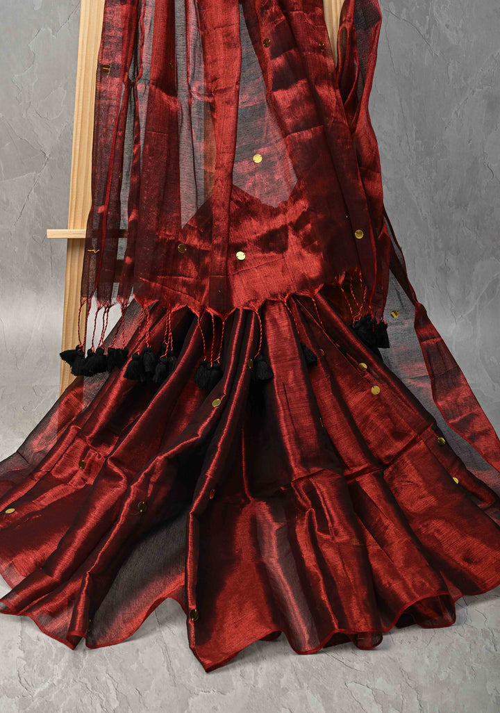 Maroon Tissue by Tissue Saree with Tikki Work and Long Tassels