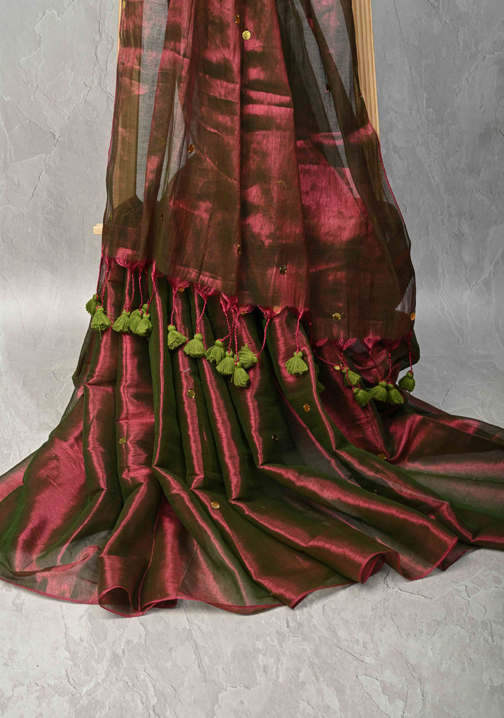 Purple and Green dual tone Tissue By Tissue saree With Tikki work and Long Tassels