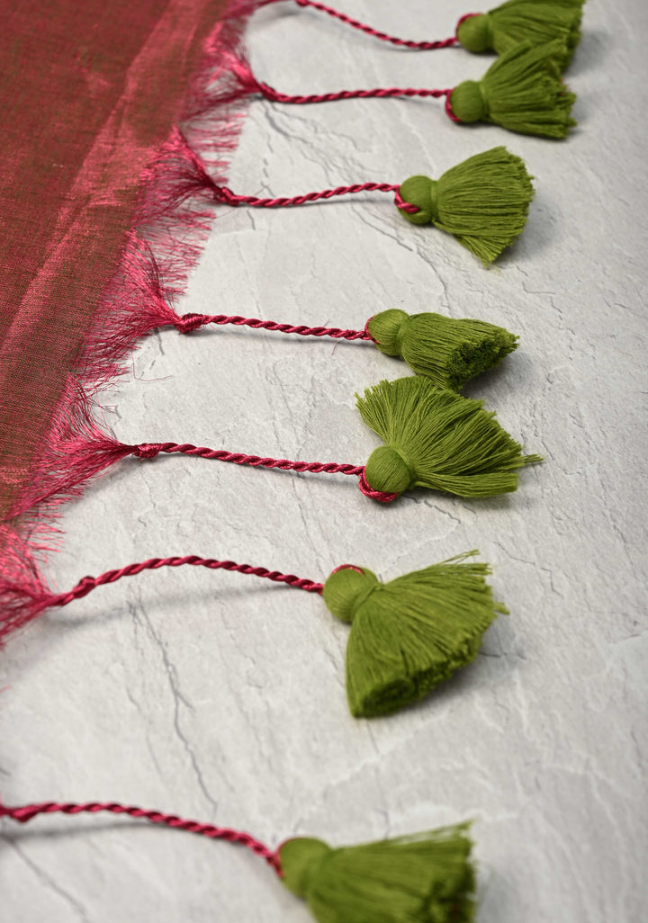 Purple and Green dual tone Tissue By Tissue saree With Tikki work and Long Tassels