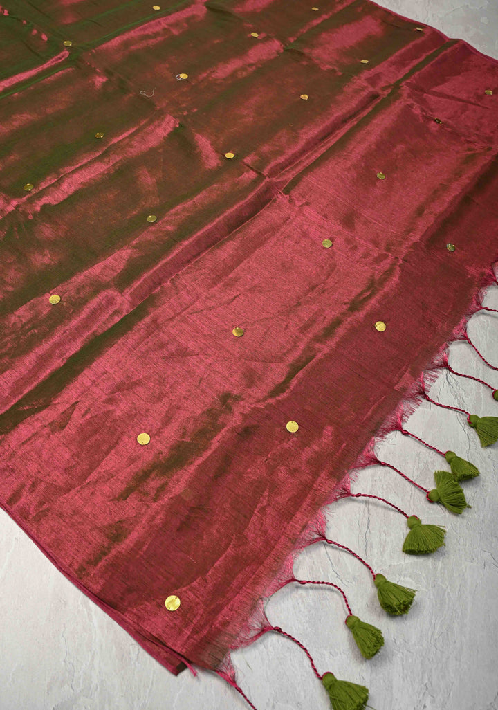 Purple and Green dual tone Tissue By Tissue saree With Tikki work and Long Tassels