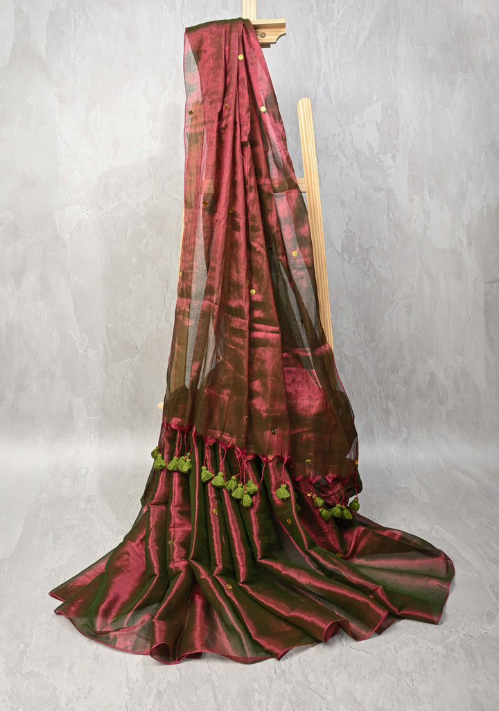 Purple and Green dual tone Tissue By Tissue saree With Tikki work and Long Tassels