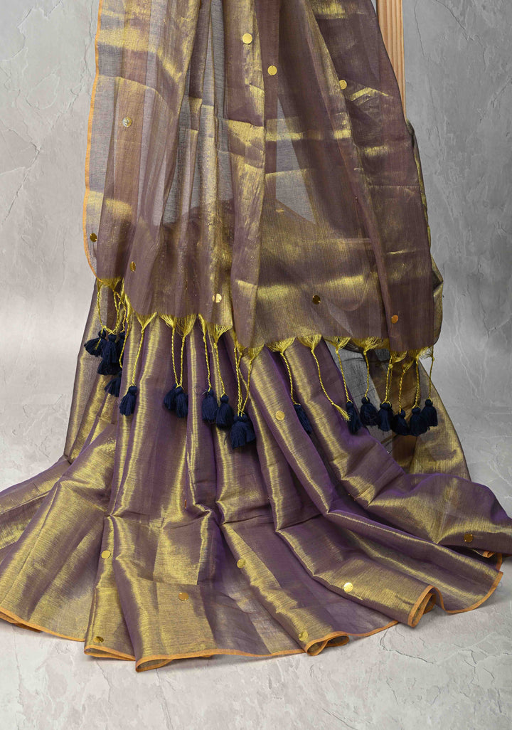 Lime green and Lilac dual tone Tissue By Tissue saree With Tikki work and Long Tassels