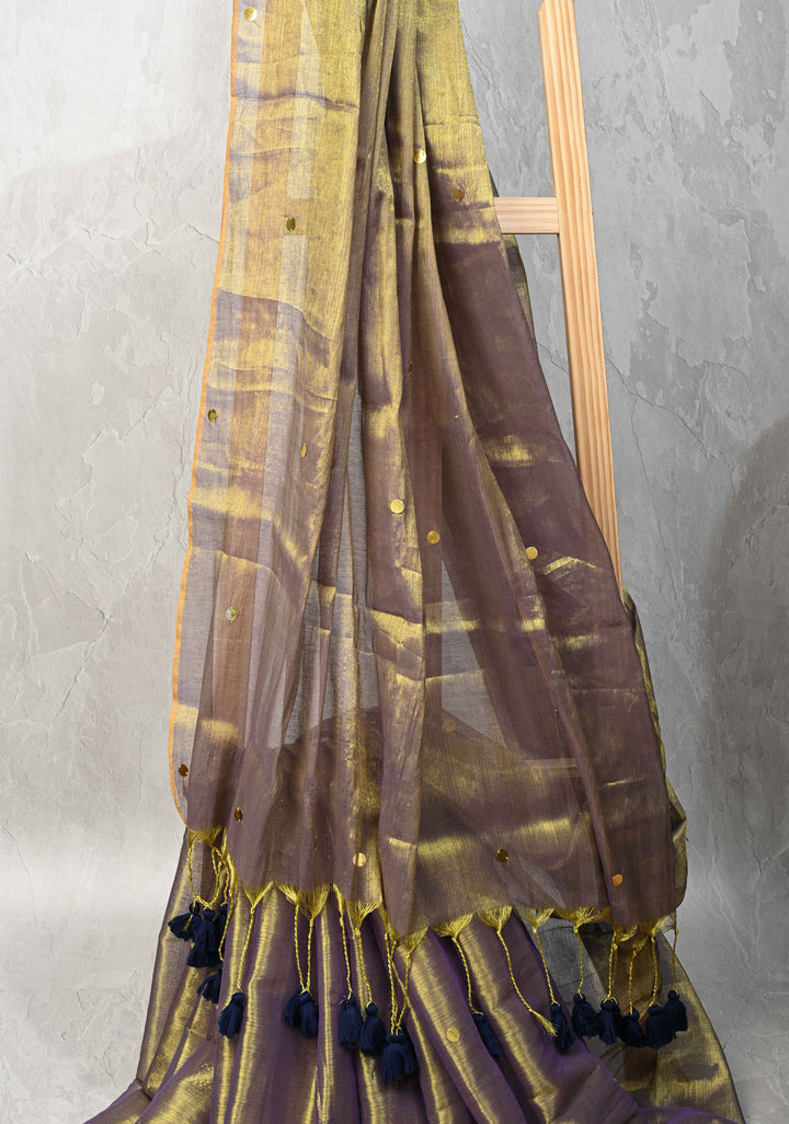 Lime green and Lilac dual tone Tissue By Tissue saree With Tikki work and Long Tassels