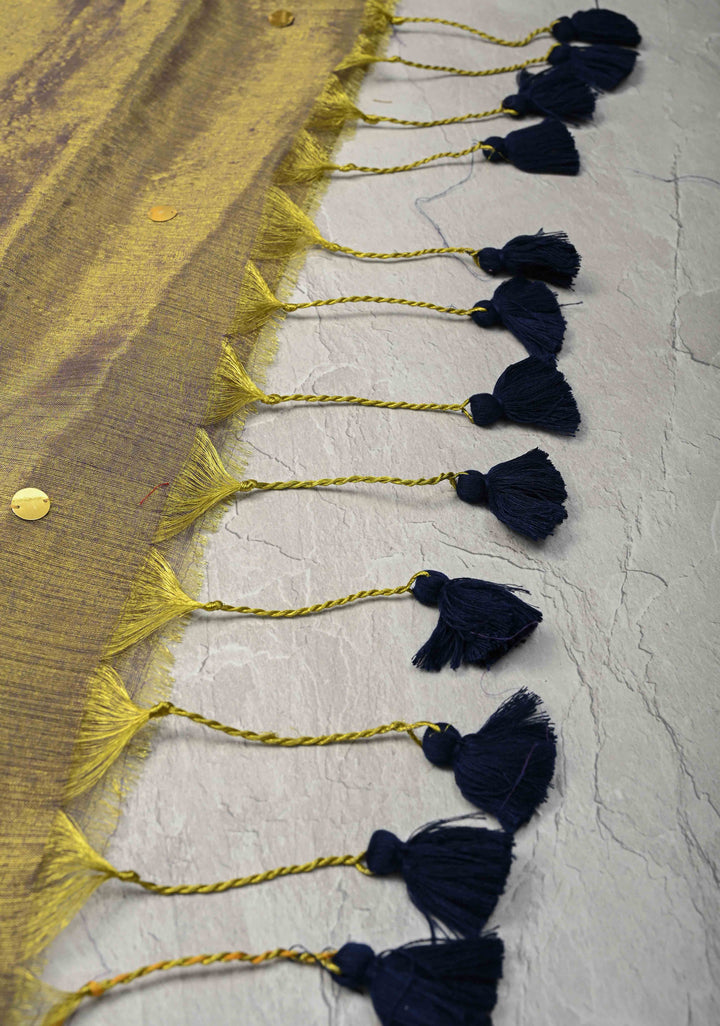 Lime green and Lilac dual tone Tissue By Tissue saree With Tikki work and Long Tassels