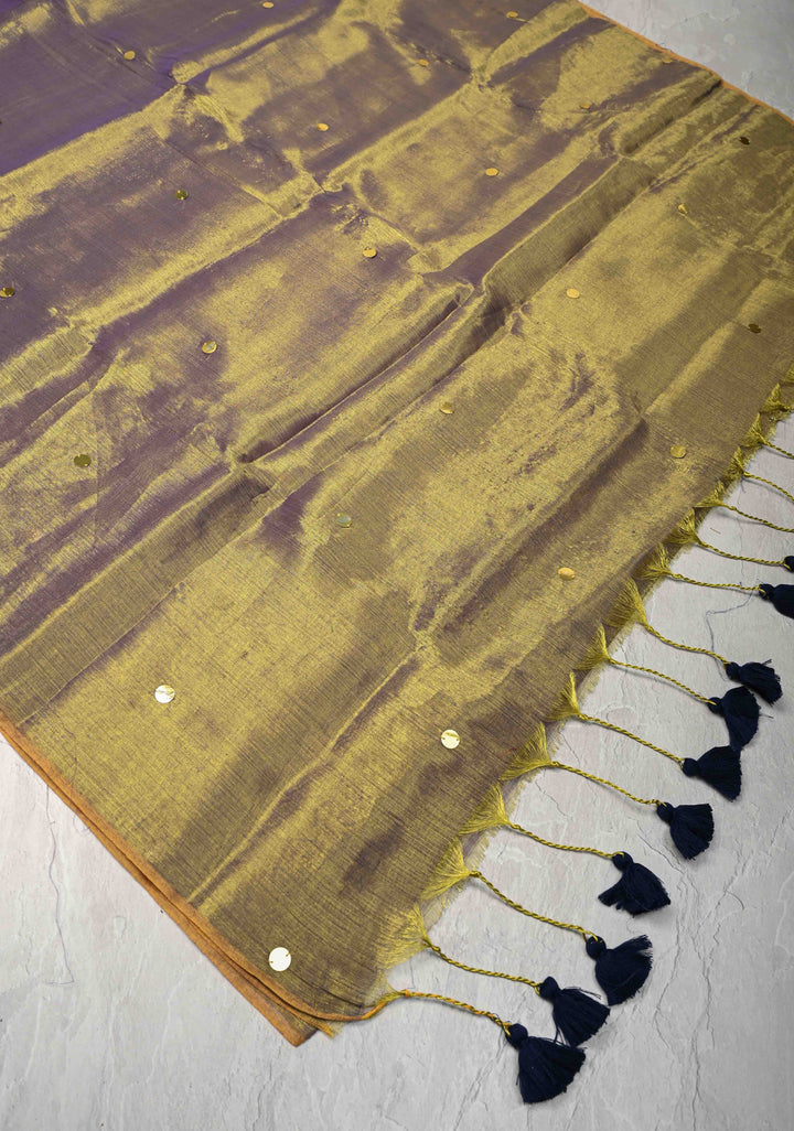 Lime green and Lilac dual tone Tissue By Tissue saree With Tikki work and Long Tassels