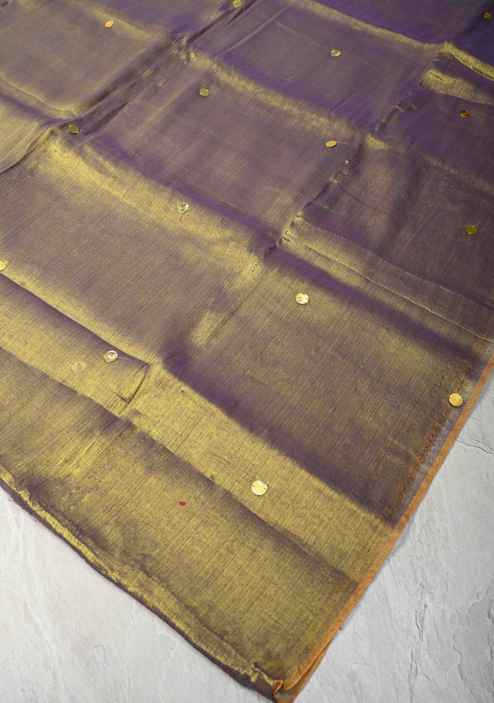 Lime green and Lilac dual tone Tissue By Tissue saree With Tikki work and Long Tassels