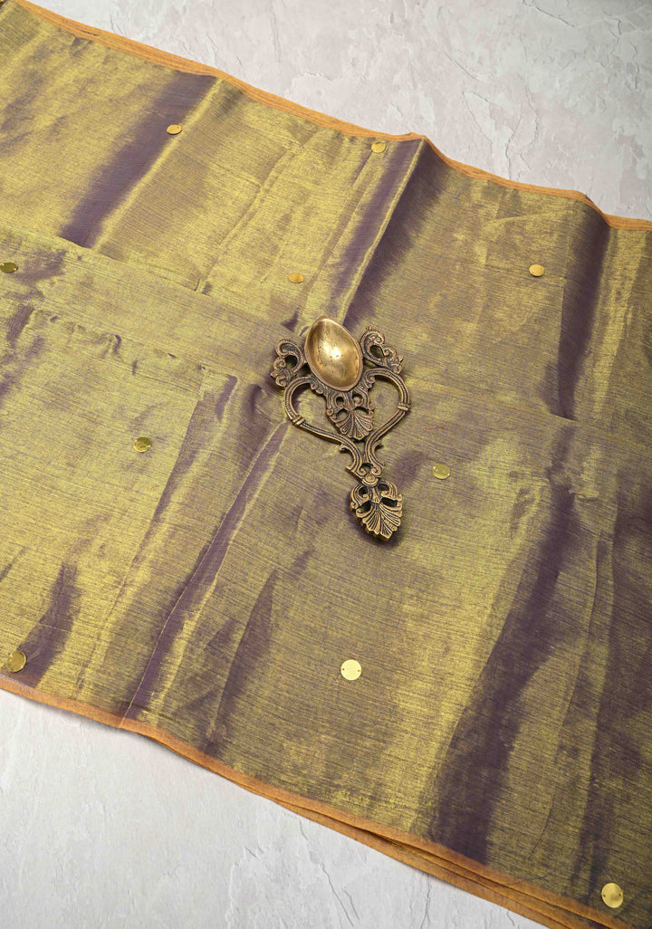 Lime green and Lilac dual tone Tissue By Tissue saree With Tikki work and Long Tassels