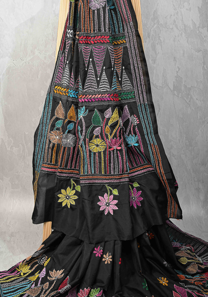 Black Art Silk Saree with Kantha Hand Embroidery Design
