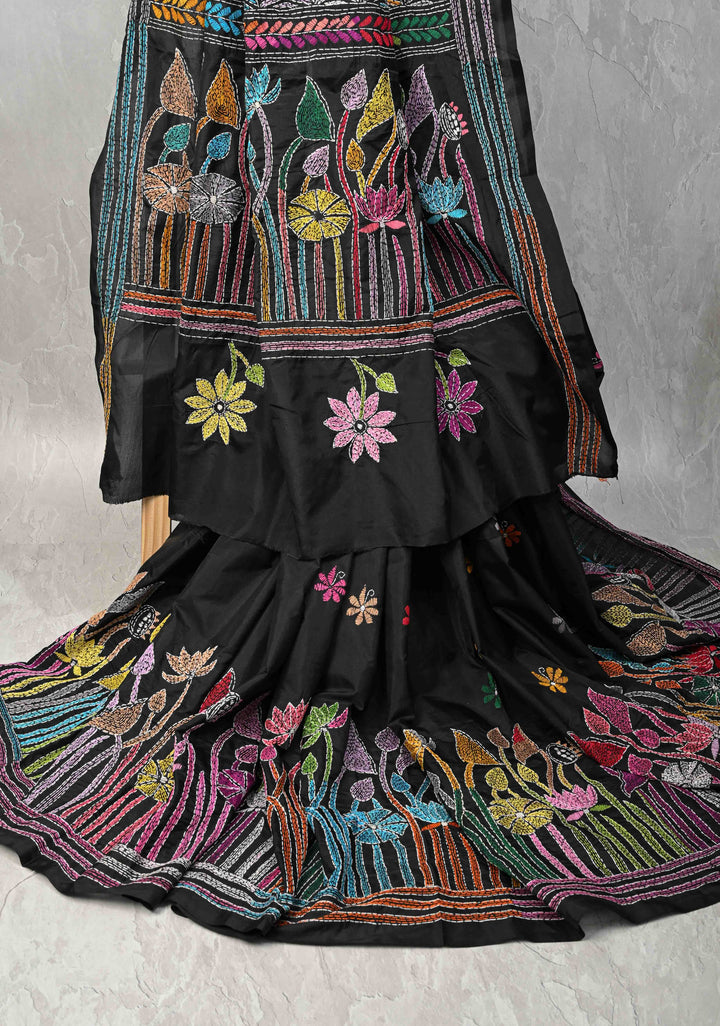 Black Art Silk Saree with Kantha Hand Embroidery Design
