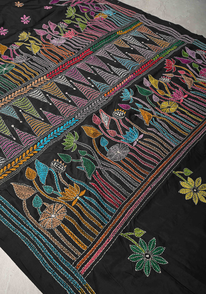 Black Art Silk Saree with Kantha Hand Embroidery Design