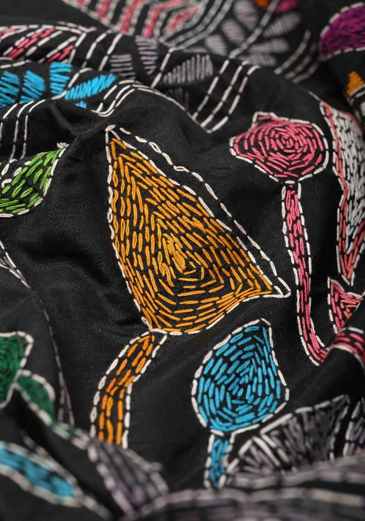 Black Art Silk Saree with Kantha Hand Embroidery Design