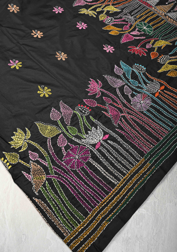 Black Art Silk Saree with Kantha Hand Embroidery Design