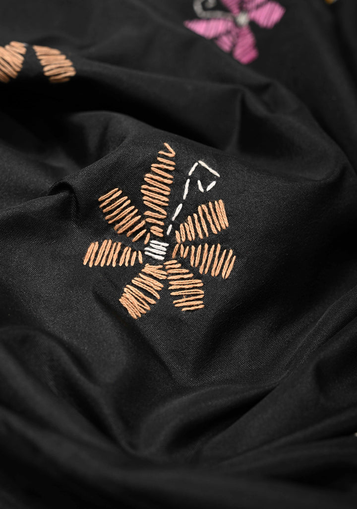 Black Art Silk Saree with Kantha Hand Embroidery Design