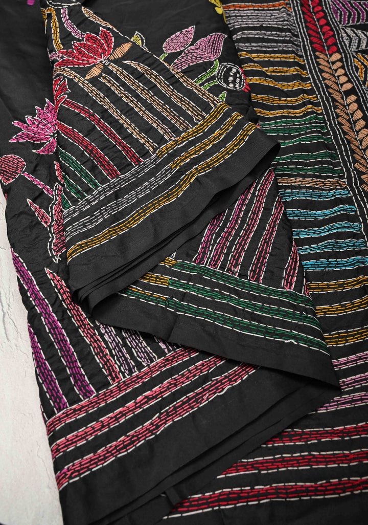Black Art Silk Saree with Kantha Hand Embroidery Design