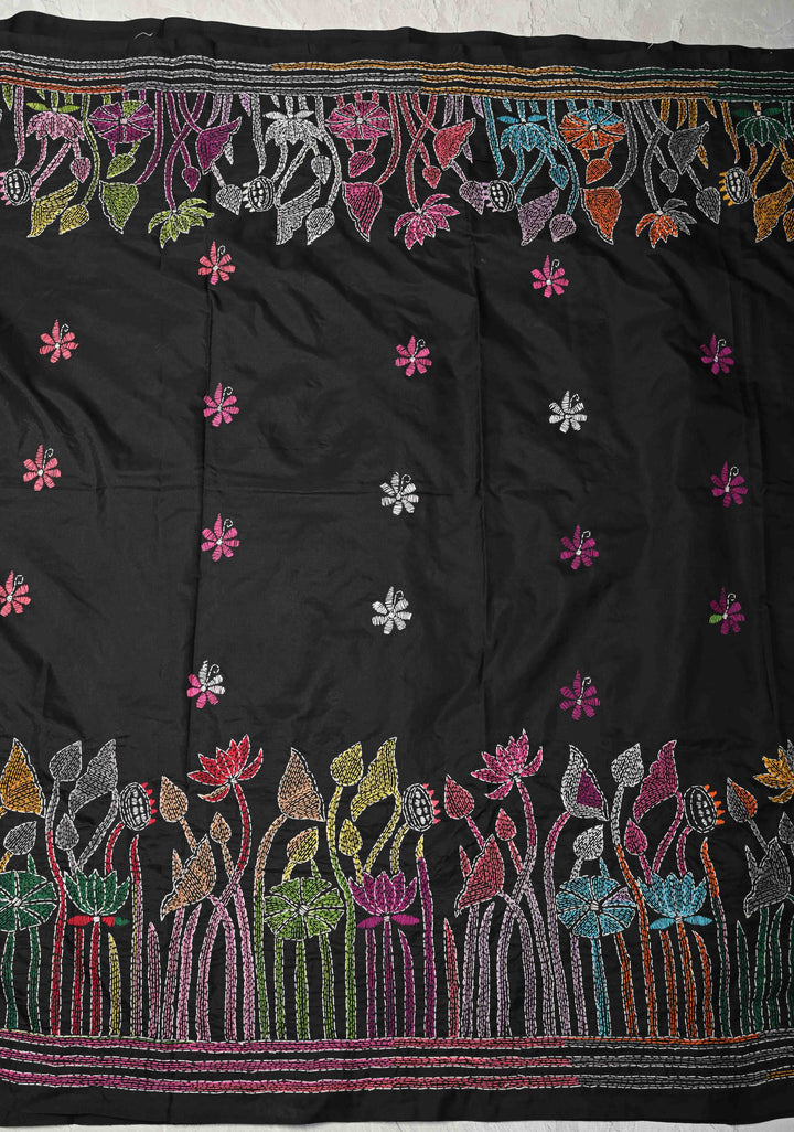 Black Art Silk Saree with Kantha Hand Embroidery Design